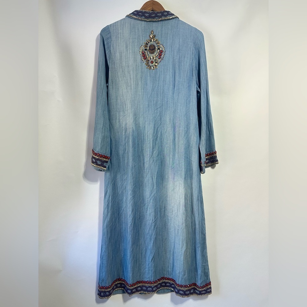 NWT Soft Surroundings Morena Duster denim jewel beaded boho long cardigan Medium - Picture 6 of 13